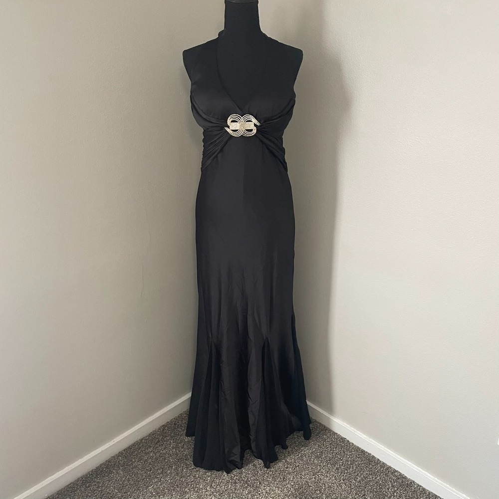 VTG 90s Y2K BEYOND By JOVANI Sz 10 Black‎ Maxi Embellished Satin Halter Dress